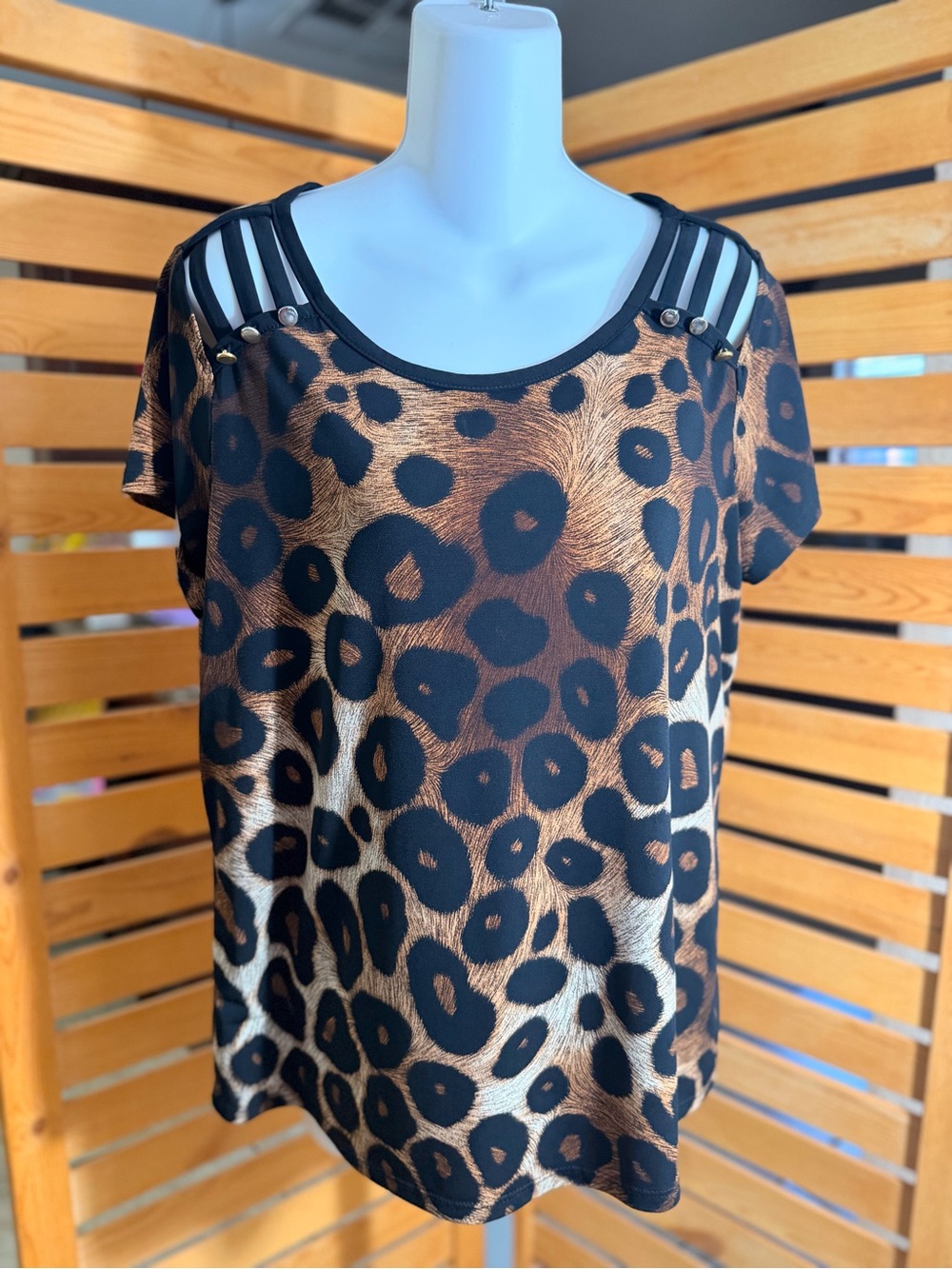 Leopard-Print Short Sleeve Blouse with Strappy Shoulder Detail - Black & Brown